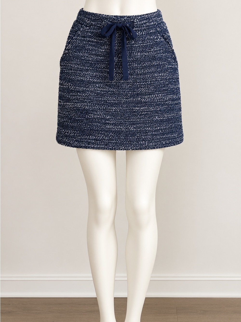 LOFT Navy Tweed Drawstring Mini Skirt